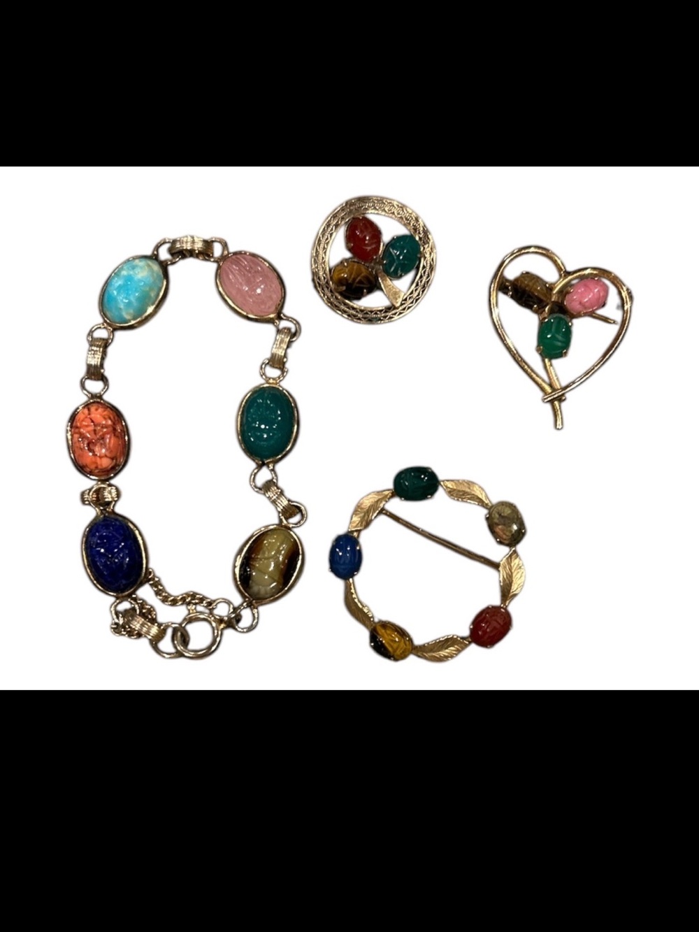 Lot of Vintage SCARAB 3 Pins/Brooches, And 1 Bracelet Multi-Color Cabochon
